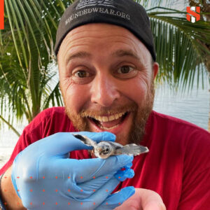 Kevin smiling and holding a baby sea turtle.